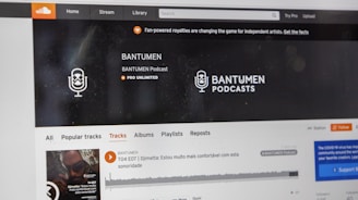 A computer screen displaying a website of an audio streaming service. The website showcases a podcast called BANTUMEN with the description 'Pro Unlimited.' There is a navigation bar with options including Home, Stream, Library, and more. A music wave graphic is visible below, along with a play button, social media interaction options such as re-post, share, and add to playlists. A banner at the top talks about fan-powered royalties, and there is a COVID-19 information widget to the side.
